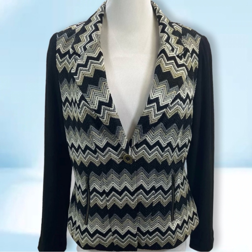 Chicos Black Silver Bronze CHEVRON KNIT Pattern Coat Shacket Blazer Jacket sz1 M